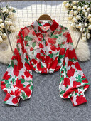 Új tavaszi őszi retro nyomott ing női bő lámpás ujjú blúz olajfestmény Sense ing felsők női D0632