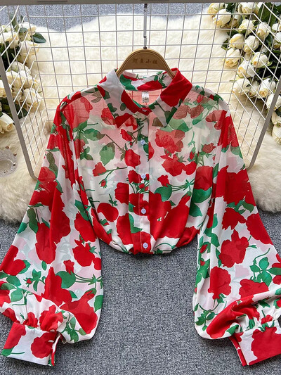 Új tavaszi őszi retro nyomott ing női bő lámpás ujjú blúz olajfestmény Sense ing felsők női D0632