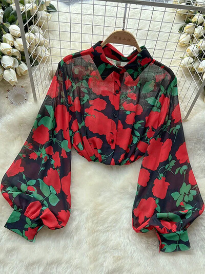 Új tavaszi őszi retro nyomott ing női bő lámpás ujjú blúz olajfestmény Sense ing felsők női D0632