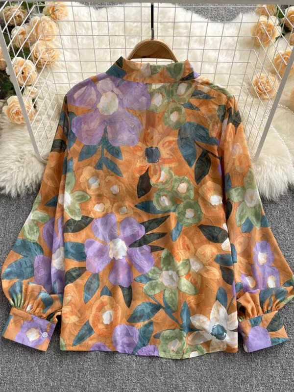 Új tavaszi őszi retro nyomott ing női bő lámpás ujjú blúz olajfestmény Sense ing felsők női D0632