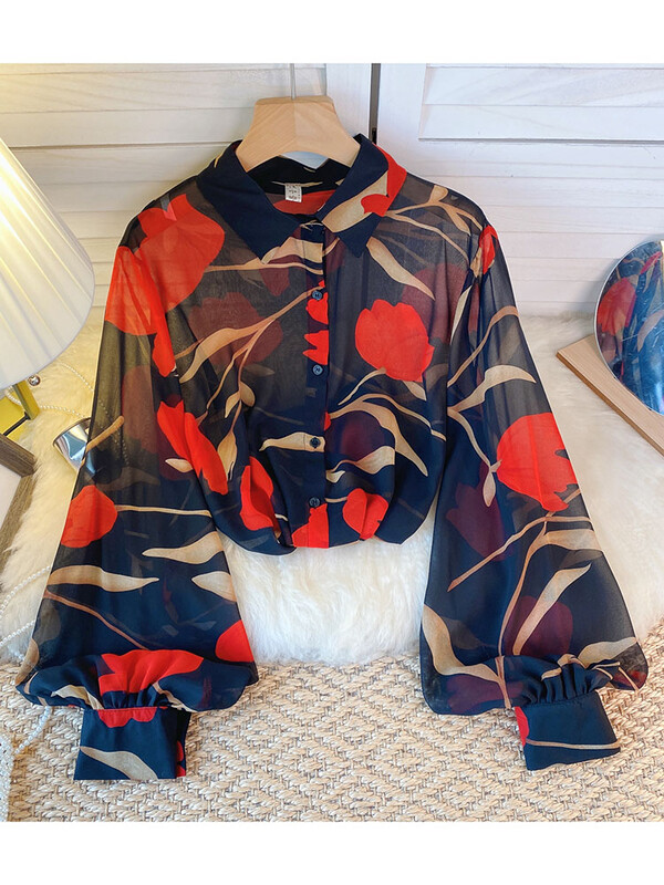 Női Sprin őszi ing póló nyakú, hosszú ujjú, egysoros, nyomott sifon ing Vékony Western sokoldalú karcsú felső D5499