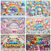 Szivárvány és felhők 3D Boldog születésnapot fotózás Háttér dekoráció Banner Színes léggömbök és gyertyák téma Photo Booth