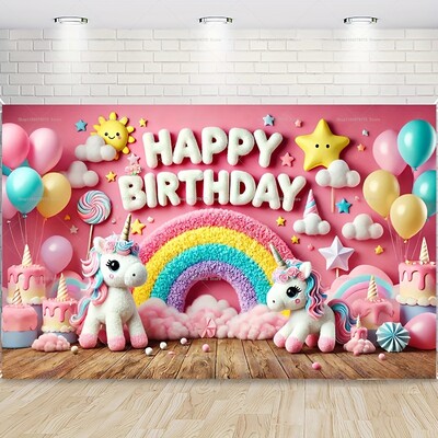 Szivárvány és felhők 3D Boldog születésnapot fotózás Háttér dekoráció Banner Színes léggömbök és gyertyák téma Photo Booth