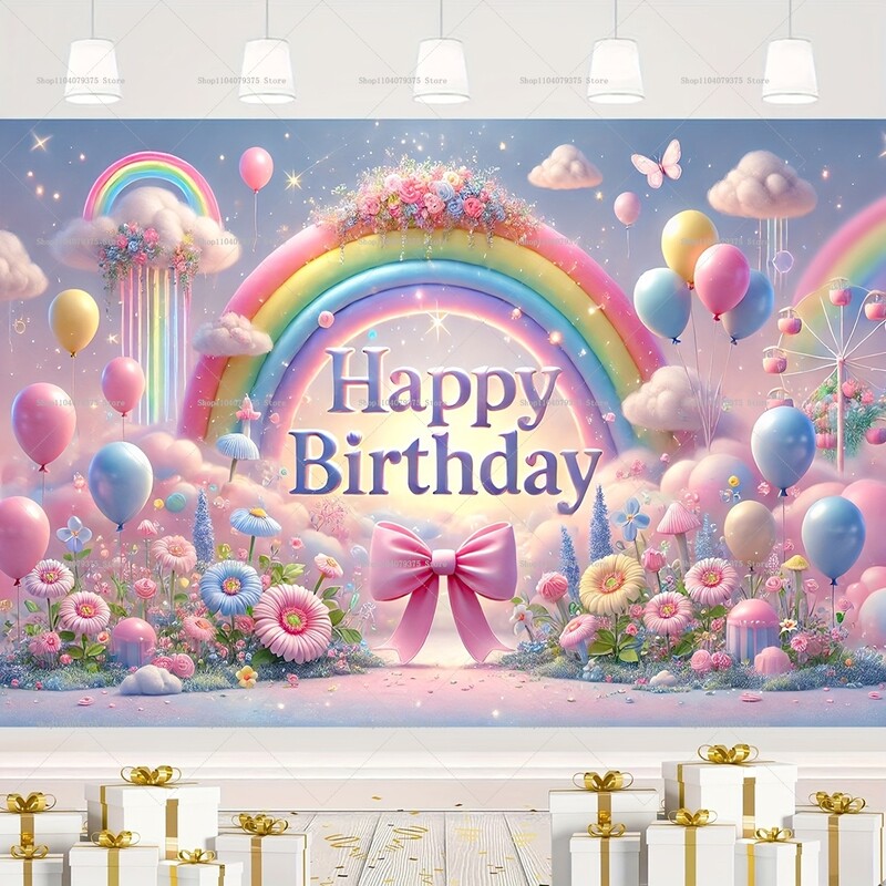 Szivárvány és felhők 3D Boldog születésnapot fotózás Háttér dekoráció Banner Színes léggömbök és gyertyák téma Photo Booth