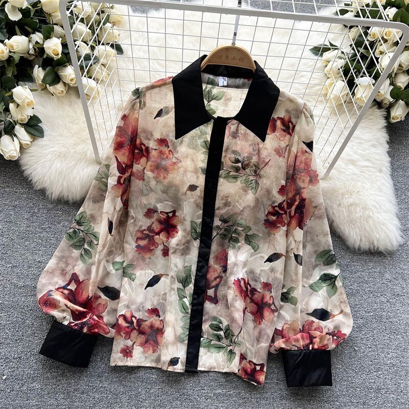 Vintage virágos patchwork nyomott ing ingázás lehajtható gallér Női ruházat Egysoros tavaszi őszi egyenes blúz