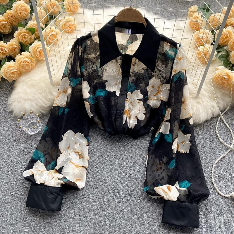 Vintage virágos patchwork nyomott ing ingázás lehajtható gallér Női ruházat Egysoros tavaszi őszi egyenes blúz