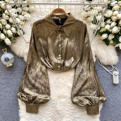 Elegáns hosszú ujjú puffos ujjú fémes elegáns francia divat szexi ing tavaszi ősz női egysoros alkalmi ingek