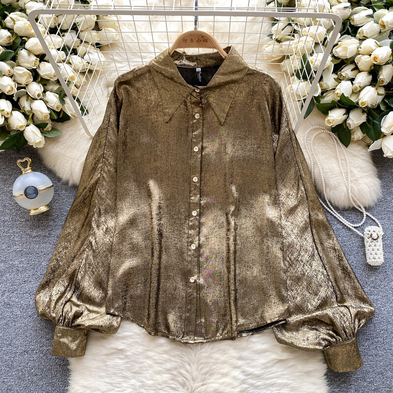 Elegáns hosszú ujjú puffos ujjú fémes elegáns francia divat szexi ing tavaszi ősz női egysoros alkalmi ingek