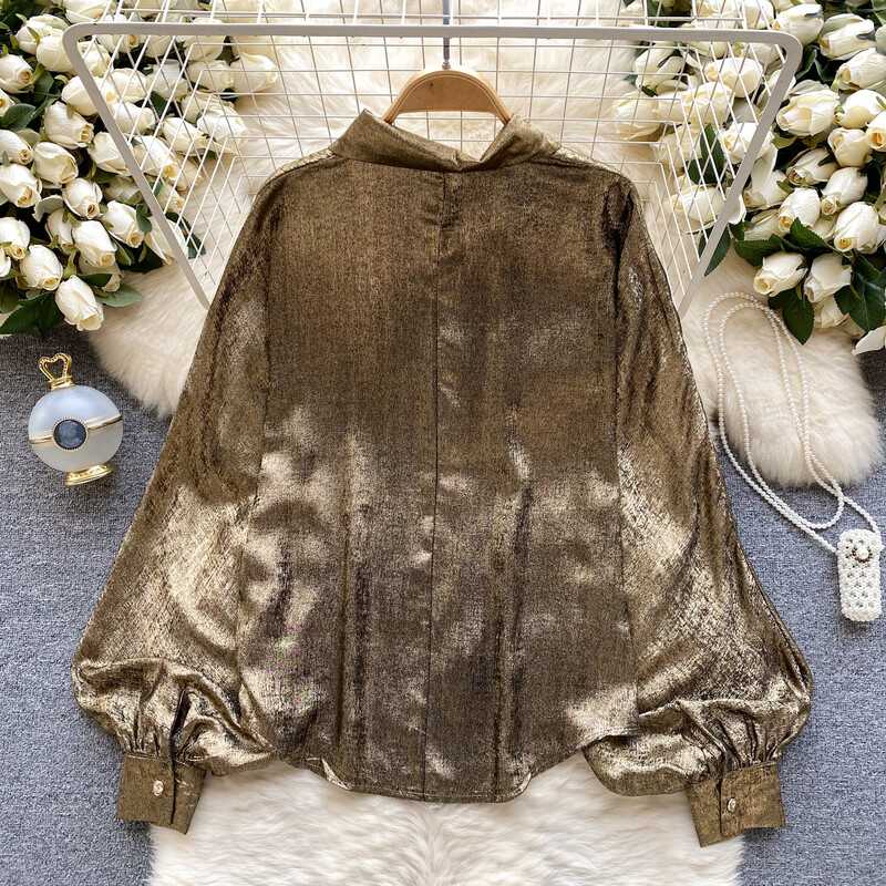Elegáns hosszú ujjú puffos ujjú fémes elegáns francia divat szexi ing tavaszi ősz női egysoros alkalmi ingek