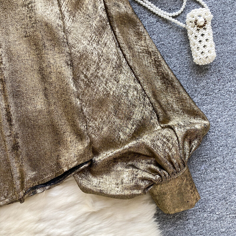 Elegáns hosszú ujjú puffos ujjú fémes elegáns francia divat szexi ing tavaszi ősz női egysoros alkalmi ingek