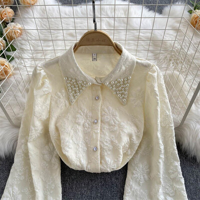 Vintage pērļu atloks ar ziediem, izšūti uzliesmojumi, polo kakla sieviešu blūzes krekls ar garām piedurknēm, vienrindas brīvas sieviešu blūzes