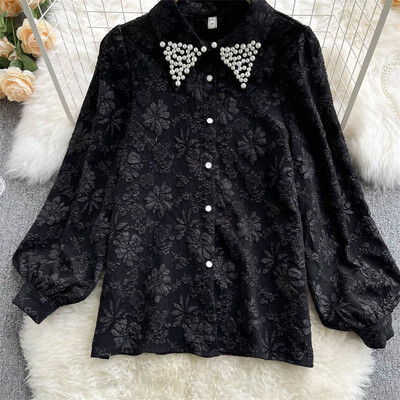 Vintage pērļu atloks ar ziediem, izšūti uzliesmojumi, polo kakla sieviešu blūzes krekls ar garām piedurknēm, vienrindas brīvas sieviešu blūzes