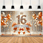 1 db, édes 16. születésnapi transzparens, arany léggömb és szalag design, party dekorációs fotózási háttér