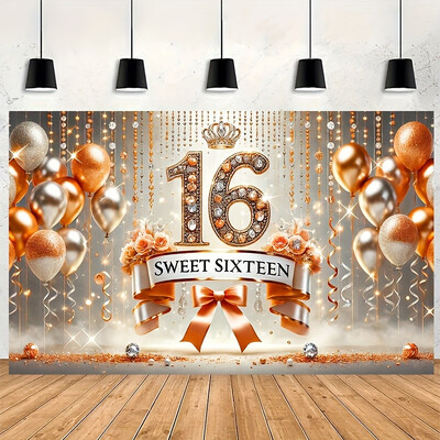 1 db, édes 16. születésnapi transzparens, arany léggömb és szalag design, party dekorációs fotózási háttér