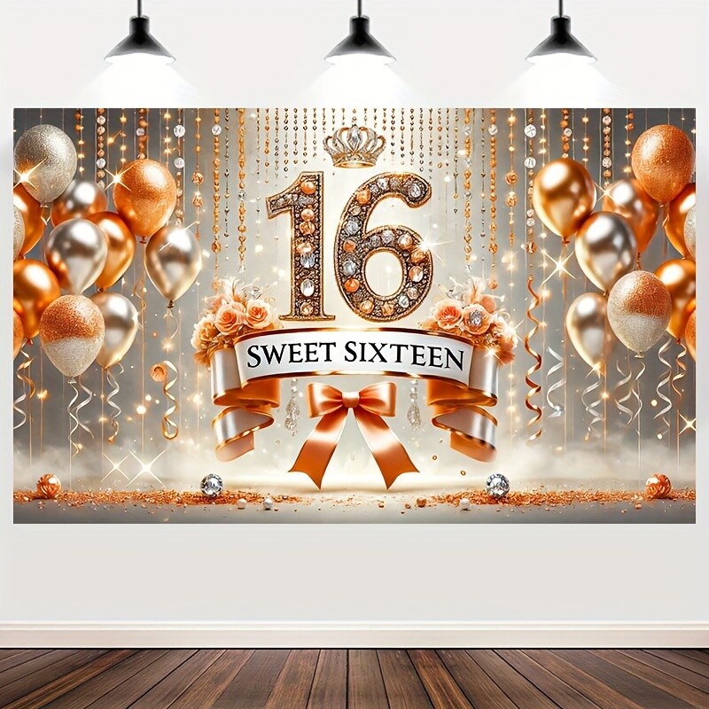 1 db, édes 16. születésnapi transzparens, arany léggömb és szalag design, party dekorációs fotózási háttér
