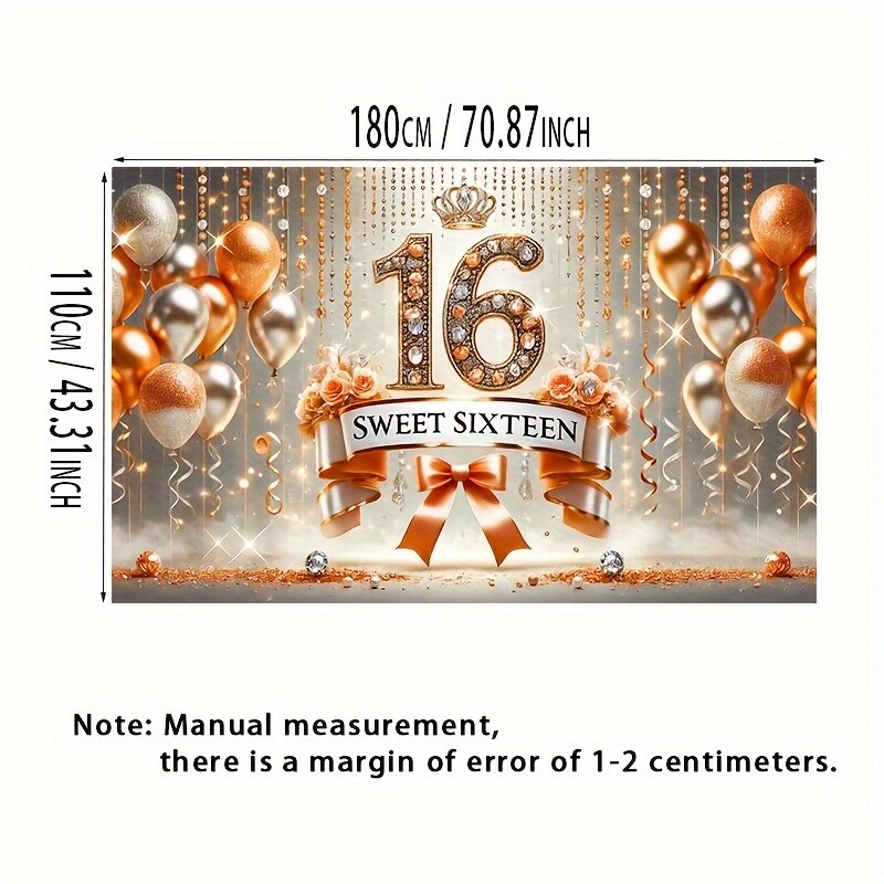 1 db, édes 16. születésnapi transzparens, arany léggömb és szalag design, party dekorációs fotózási háttér