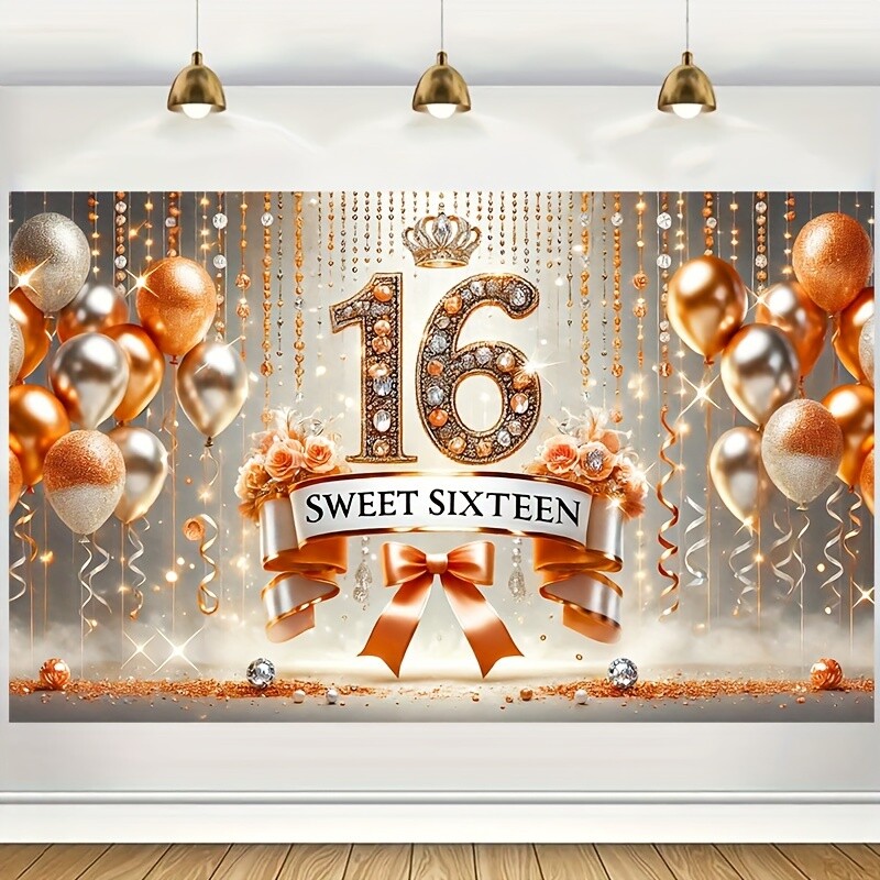 1 db, édes 16. születésnapi transzparens, arany léggömb és szalag design, party dekorációs fotózási háttér