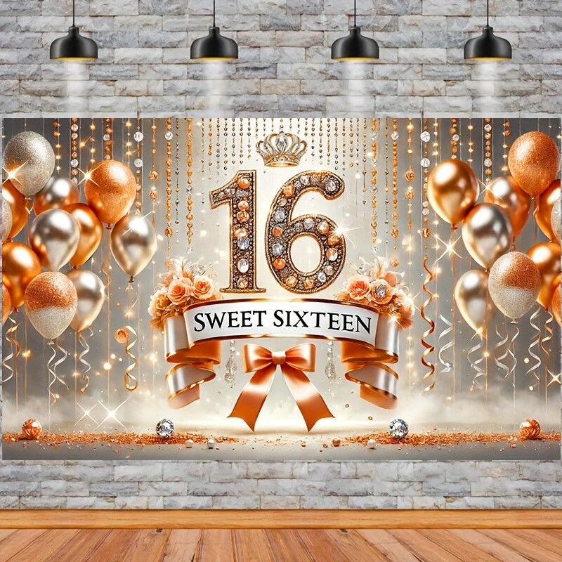 1 db, édes 16. születésnapi transzparens, arany léggömb és szalag design, party dekorációs fotózási háttér