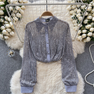 Femei șic cu paiete ciucuri din plasă transparentă cu mânecă lungă cu rever crop top subțire sexy tricou coreean modă toamnă cămașă pentru femei