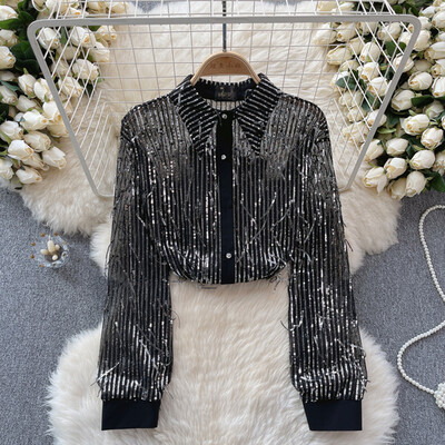 Femei șic cu paiete ciucuri din plasă transparentă cu mânecă lungă cu rever crop top subțire sexy tricou coreean modă toamnă cămașă pentru femei