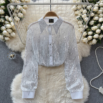 Femei șic cu paiete ciucuri din plasă transparentă cu mânecă lungă cu rever crop top subțire sexy tricou coreean modă toamnă cămașă pentru femei
