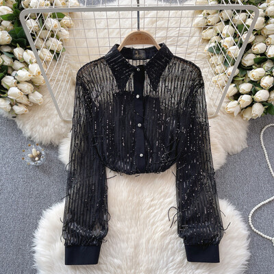 Femei șic cu paiete ciucuri din plasă transparentă cu mânecă lungă cu rever crop top subțire sexy tricou coreean modă toamnă cămașă pentru femei