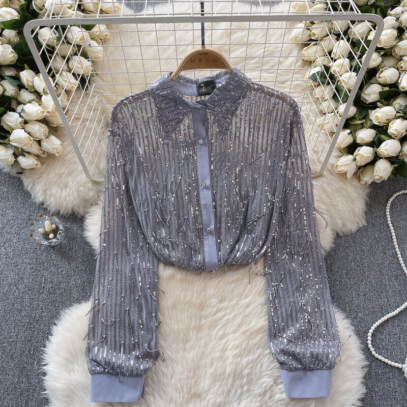 Femei șic cu paiete ciucuri din plasă transparentă cu mânecă lungă cu rever crop top subțire sexy tricou coreean modă toamnă cămașă pentru femei