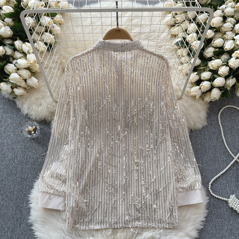 Femei șic cu paiete ciucuri din plasă transparentă cu mânecă lungă cu rever crop top subțire sexy tricou coreean modă toamnă cămașă pentru femei