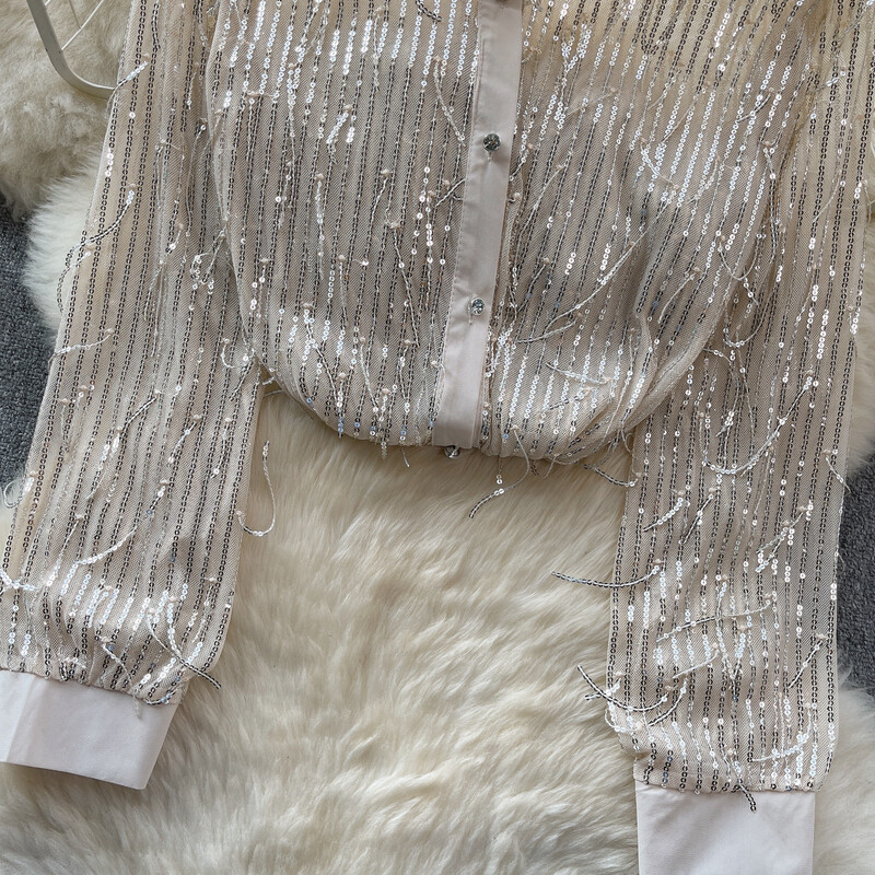 Femei șic cu paiete ciucuri din plasă transparentă cu mânecă lungă cu rever crop top subțire sexy tricou coreean modă toamnă cămașă pentru femei