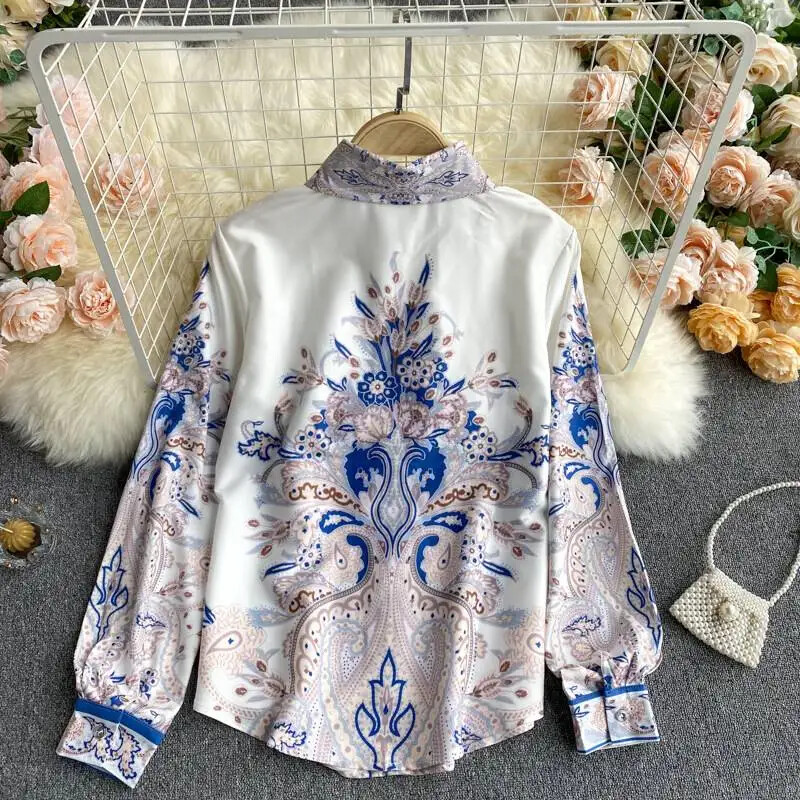 Tavaszi új sláger színes blúz női hajtóka temperamentumos nyomat Blusa egysoros vékony laza nagy méretű ing C521