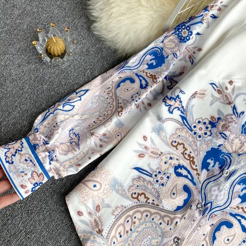 Tavaszi új sláger színes blúz női hajtóka temperamentumos nyomat Blusa egysoros vékony laza nagy méretű ing C521