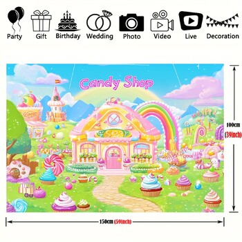 Фон за парти за рожден ден Candyland Rainbow - полиестерен декор на тема сладки бонбони за фото кабина и стая