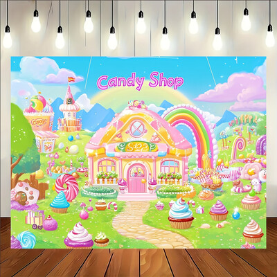 Candyland Rainbow dzimšanas dienas ballītes fons — ar saldo konfekšu tēmu veidots poliestera dekors foto kabīnei un istabai