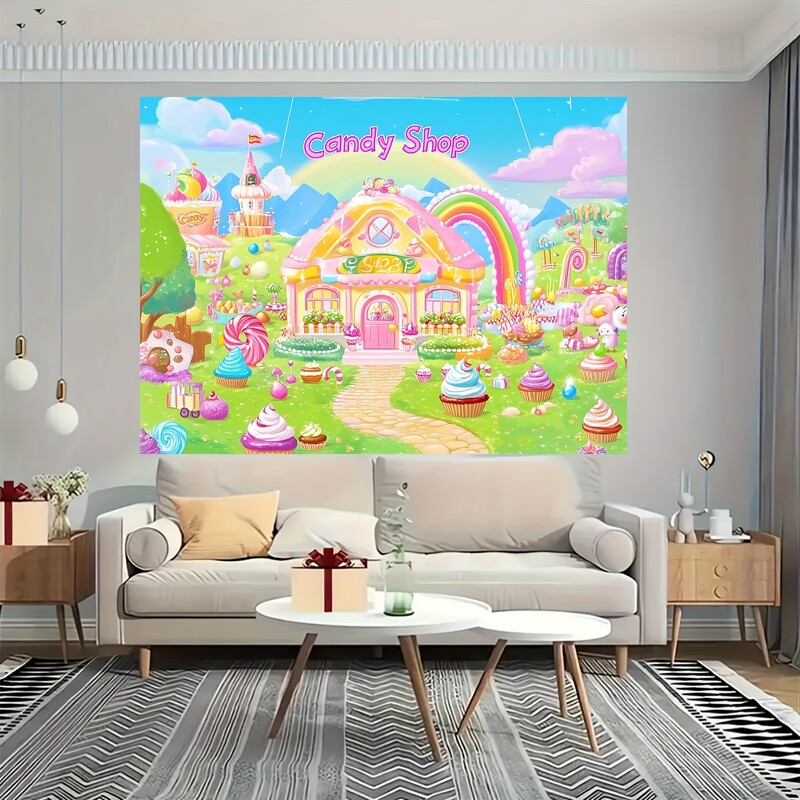 Candyland Rainbow dzimšanas dienas ballītes fons — ar saldo konfekšu tēmu veidots poliestera dekors foto kabīnei un istabai