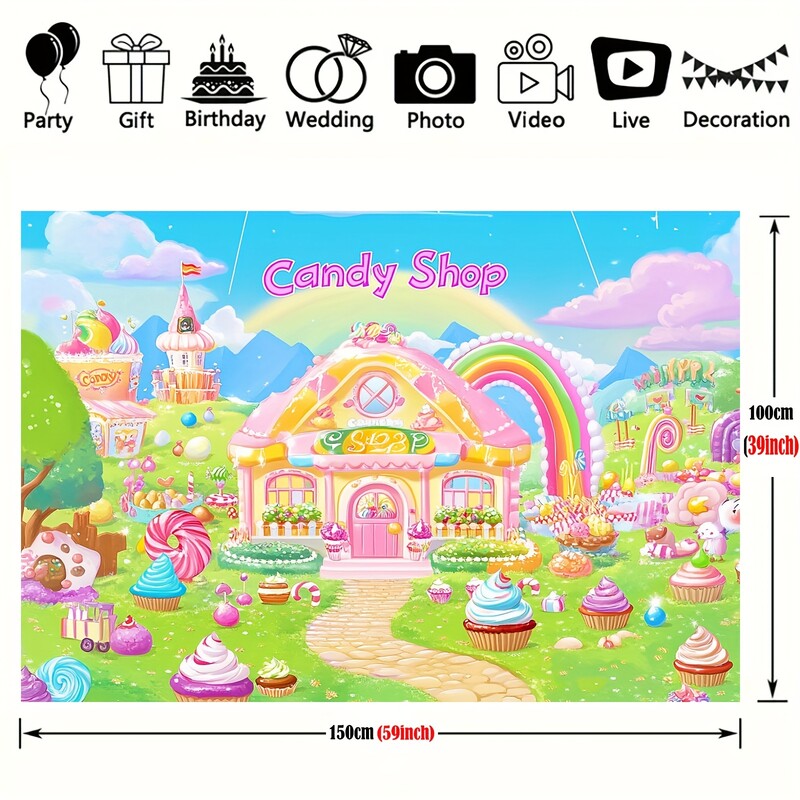 Candyland Rainbow dzimšanas dienas ballītes fons — ar saldo konfekšu tēmu veidots poliestera dekors foto kabīnei un istabai