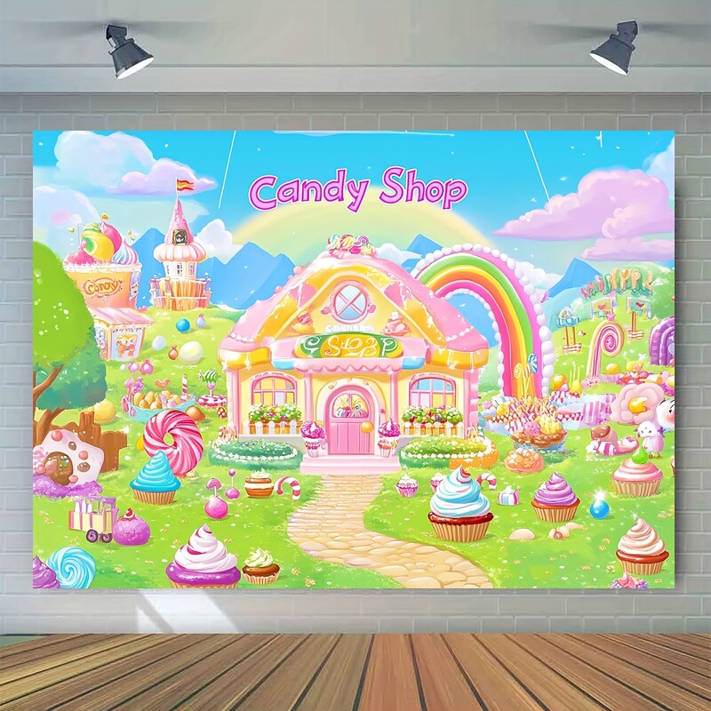 Candyland Rainbow dzimšanas dienas ballītes fons — ar saldo konfekšu tēmu veidots poliestera dekors foto kabīnei un istabai