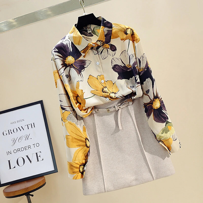 Pavasara rudens sieviešu blūze korejiešu modes stila apdrukas blūze ar garām piedurknēm Jauna brīva sieviešu topi DE745