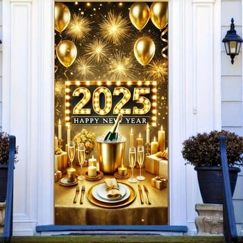 2025 Happy New Year Κάλυμμα πόρτας - Σχέδιο σαμπάνιας και πυροτεχνημάτων, ιδανικό για διακόσμηση εισόδου και δωματίου