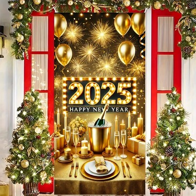 2025 Happy New Year Door kate - šampanja ja ilutulestiku disain, ideaalne sissepääsu ja ruumi kaunistamiseks