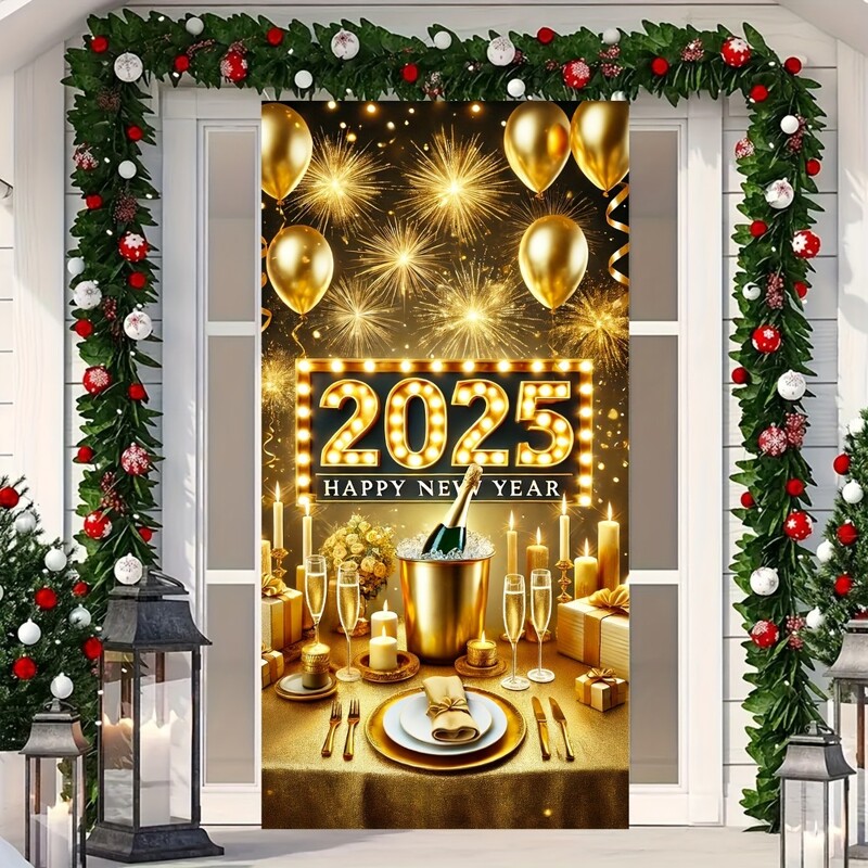 2025 Happy New Year Ajtóburkolat - Pezsgő és tűzijáték design, tökéletes a bejárathoz és a szoba dekorációjához