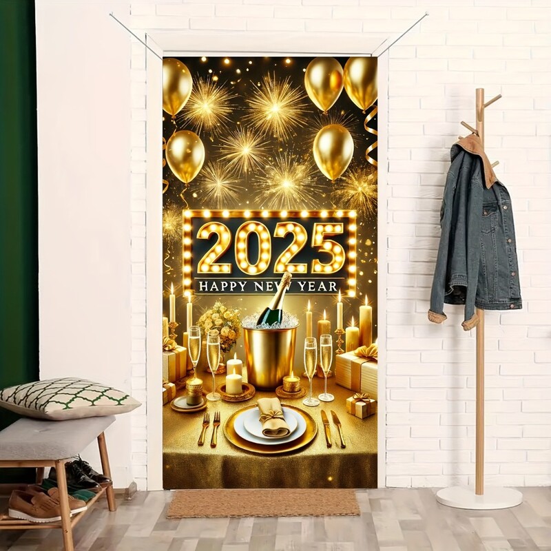 2025 Happy New Year Ajtóburkolat - Pezsgő és tűzijáték design, tökéletes a bejárathoz és a szoba dekorációjához