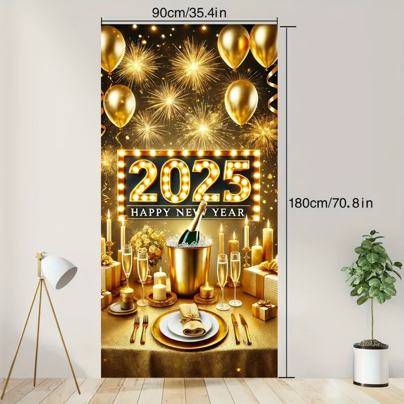 2025 Happy New Year Ajtóburkolat - Pezsgő és tűzijáték design, tökéletes a bejárathoz és a szoba dekorációjához