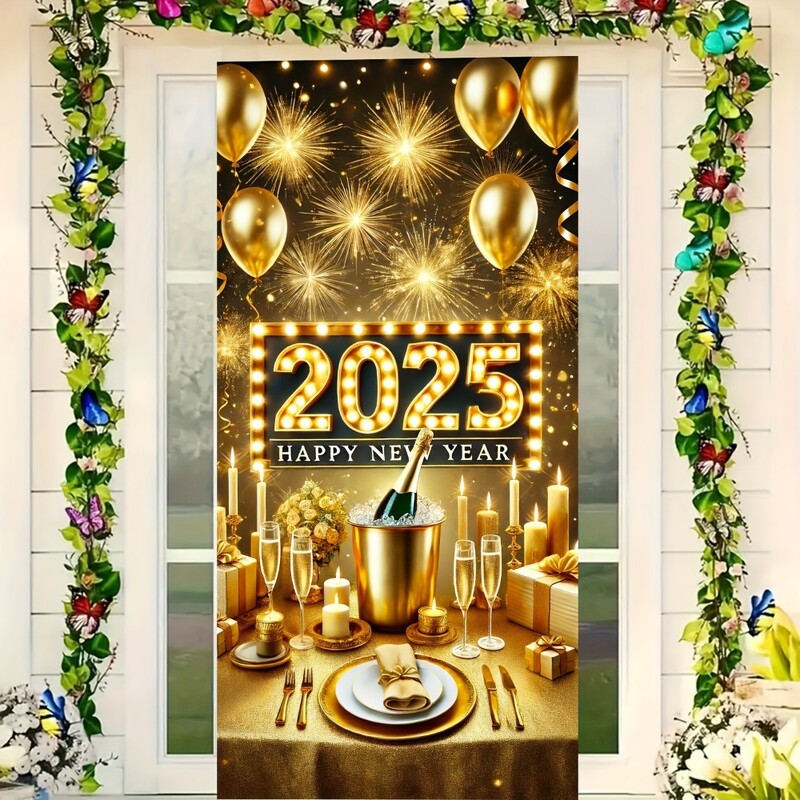 2025 Happy New Year Ajtóburkolat - Pezsgő és tűzijáték design, tökéletes a bejárathoz és a szoba dekorációjához