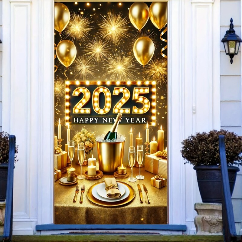 2025 Happy New Year Ajtóburkolat - Pezsgő és tűzijáték design, tökéletes a bejárathoz és a szoba dekorációjához
