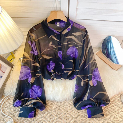 Sieviešu pavasara rudens kreklu dizains Sense tilla, ziedu polo apkakles krekls, dizains Niche Lantern piedurknēm Šiks, brīvi pieguļošs tops D5500