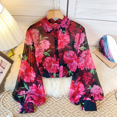 Sieviešu pavasara rudens kreklu dizains Sense tilla, ziedu polo apkakles krekls, dizains Niche Lantern piedurknēm Šiks, brīvi pieguļošs tops D5500