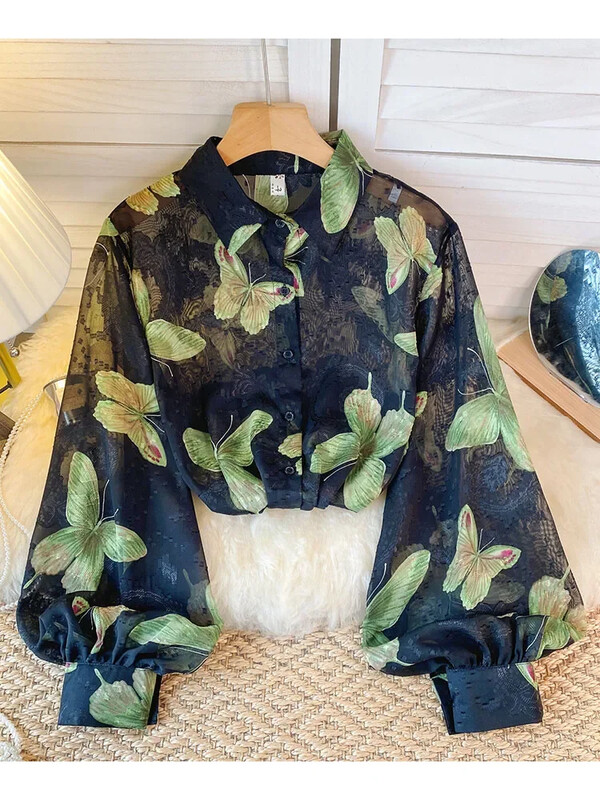 Sieviešu pavasara rudens kreklu dizains Sense tilla, ziedu polo apkakles krekls, dizains Niche Lantern piedurknēm Šiks, brīvi pieguļošs tops D5500