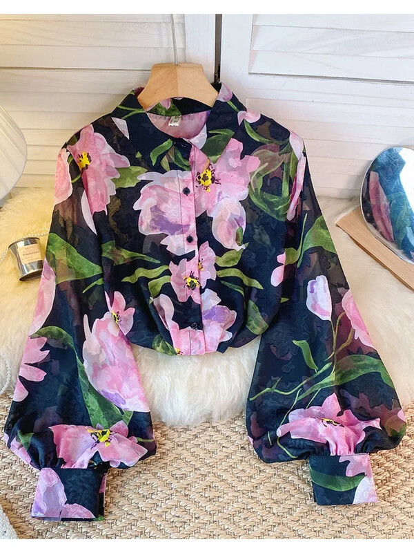 Sieviešu pavasara rudens kreklu dizains Sense tilla, ziedu polo apkakles krekls, dizains Niche Lantern piedurknēm Šiks, brīvi pieguļošs tops D5500