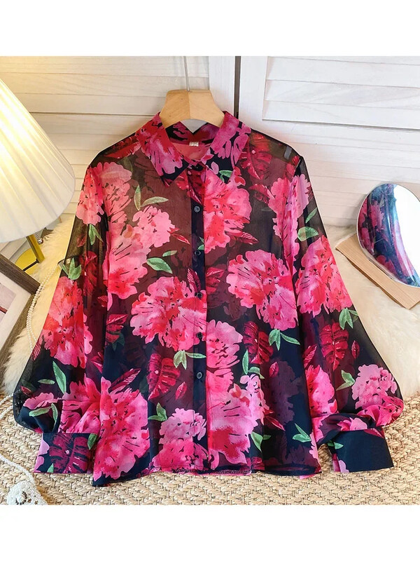 Sieviešu pavasara rudens kreklu dizains Sense tilla, ziedu polo apkakles krekls, dizains Niche Lantern piedurknēm Šiks, brīvi pieguļošs tops D5500