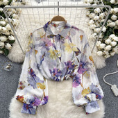 Lámpás ujjú női felsők Őszi vintage sifon ingek Női temperamentumos nyomtatással Lehajtható gallér gombok felső póló női